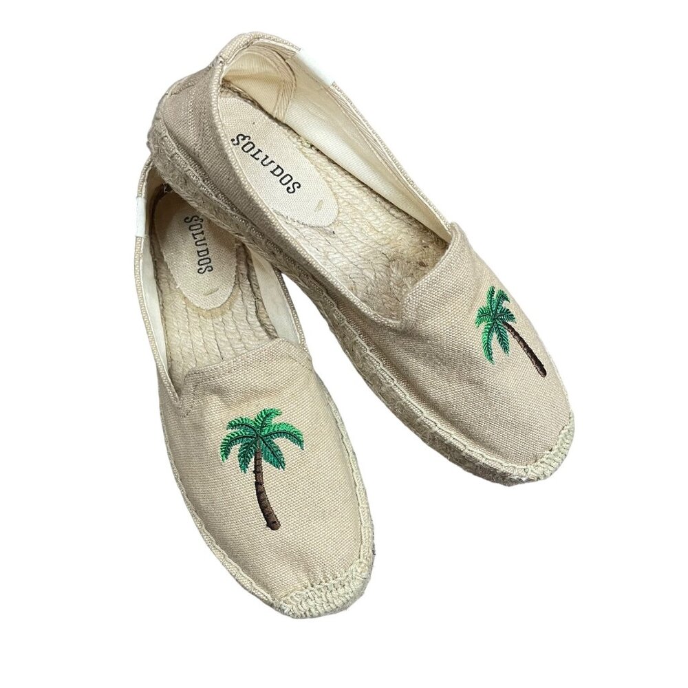 Soludos Palm Tree Embroidered Espadrilles Womens Size 7 Round Toe Beige Linen
